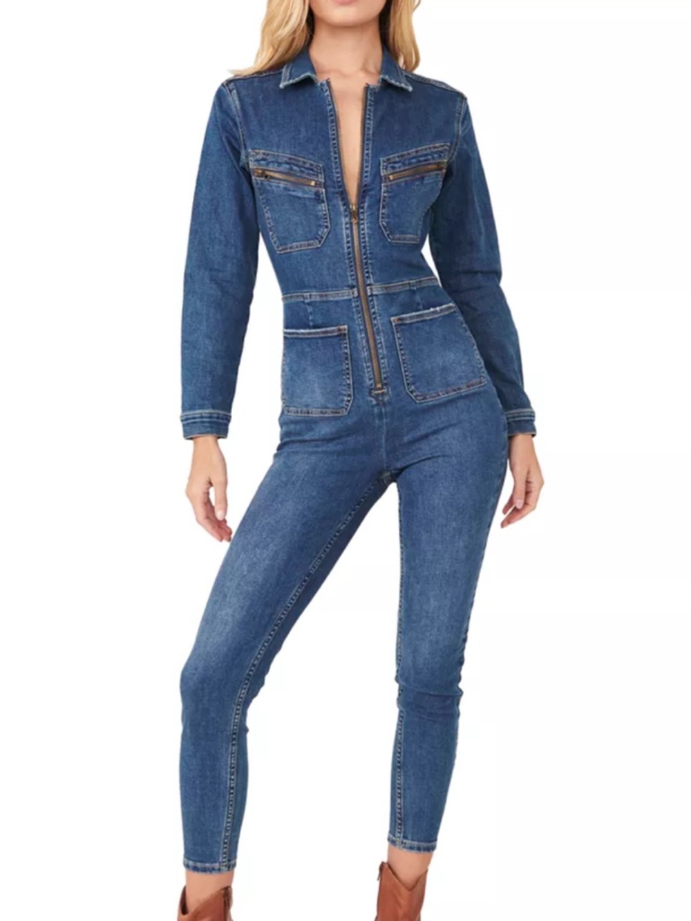 Free People Lennox Denim utility jumpsuit Zip-Front Women’s Jumpsuit
